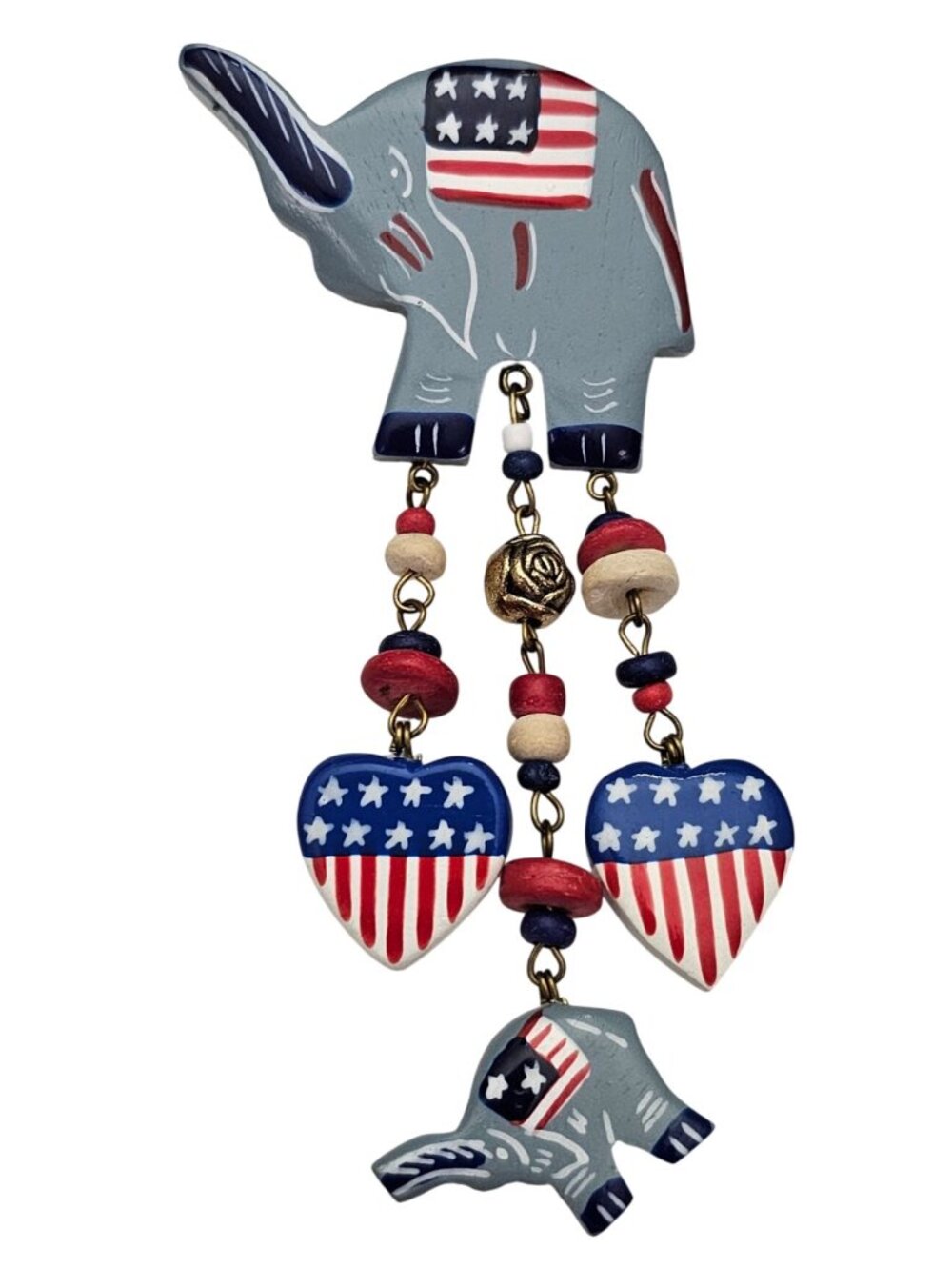 Elephant Wood Charm Patriotic Brooch USA Flag Heart Charm Pin J898